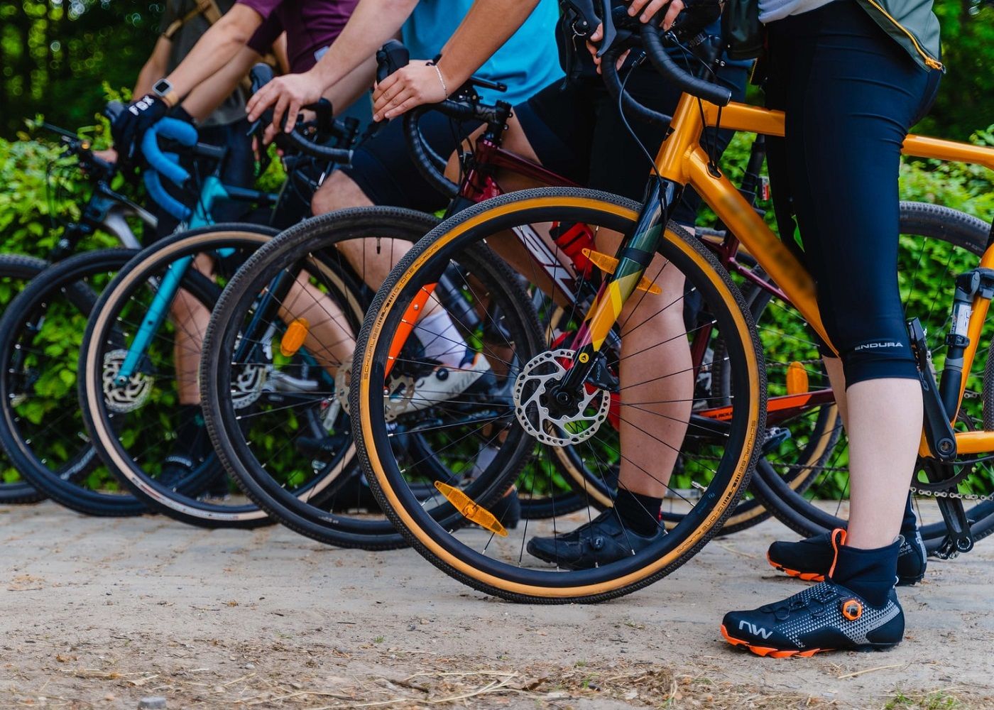 Close picture of group of bikes focused on wheels