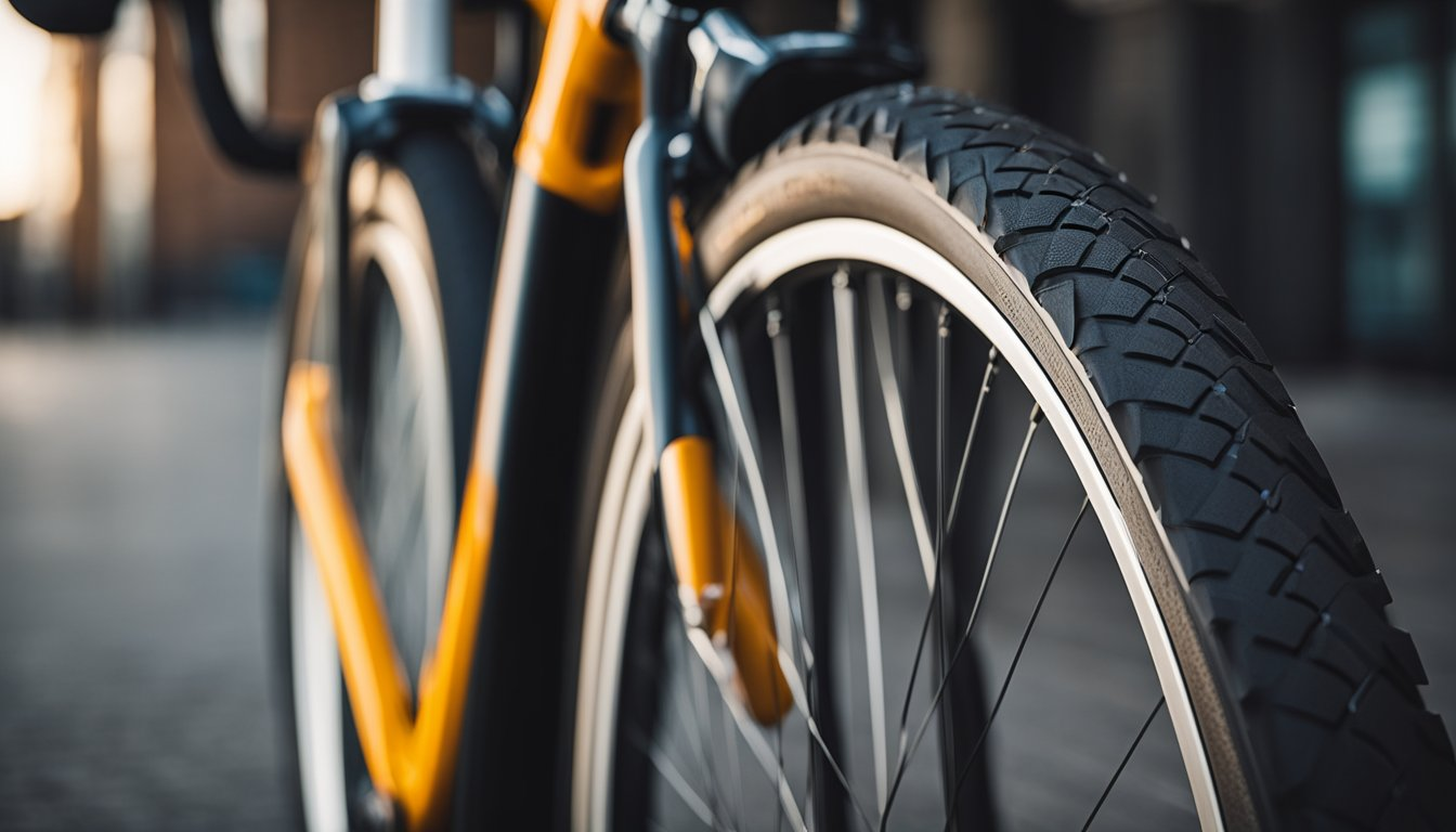 A picture of a bicycle angled to its tire