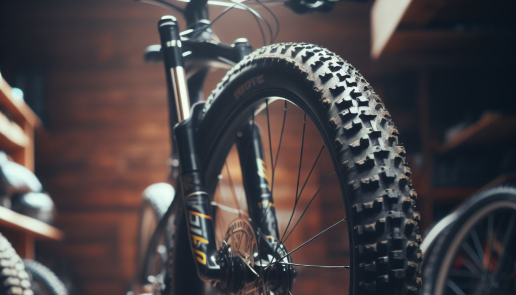 A picture of a mountain bike inside a storeroom focusing on its tires