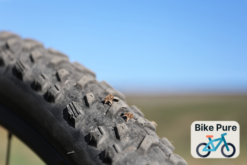 A picture of a tire with small spikes not piercing it showing puncture resistance