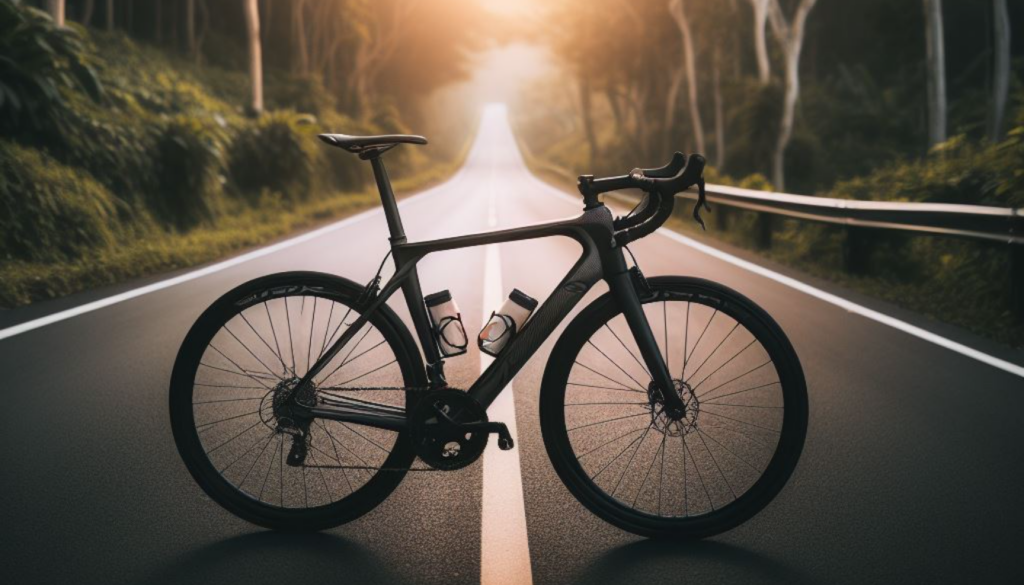 A picture of road bike in the middle of the road with beautiful scenery in the background