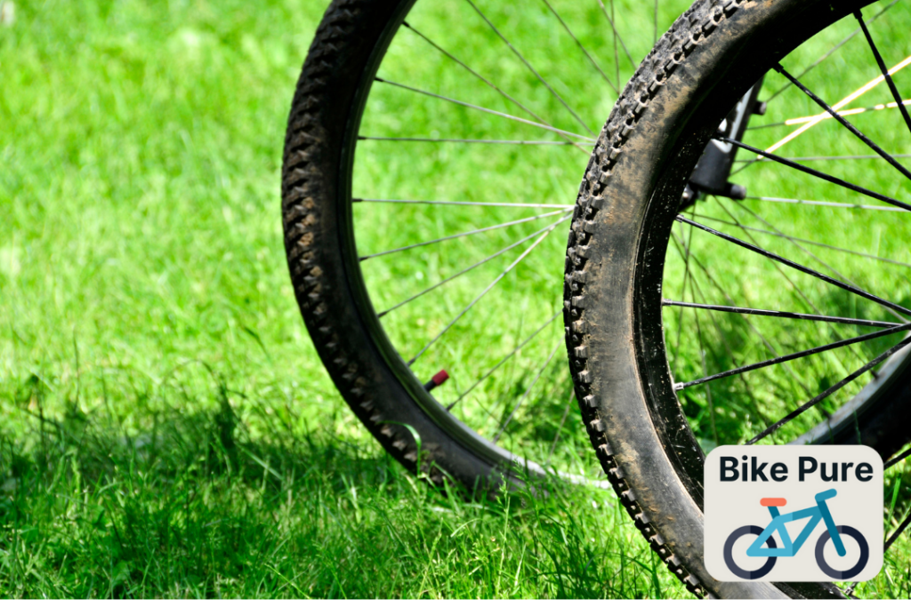 A bike tire stand in a grassy field