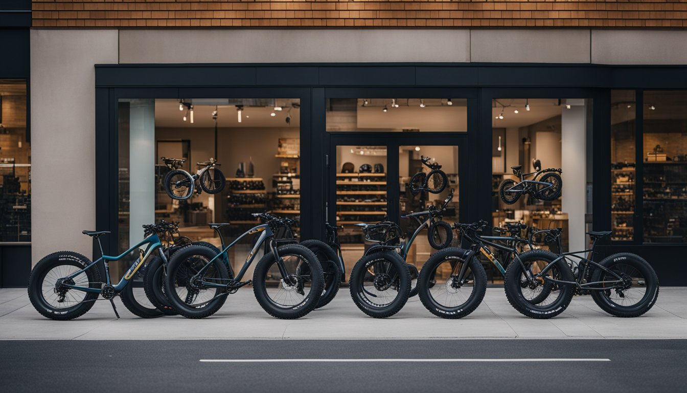 multiple fat bikes parked in front of a bike store