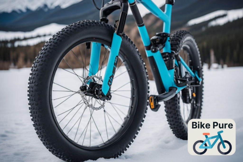 a blue fat bike in the field with snow