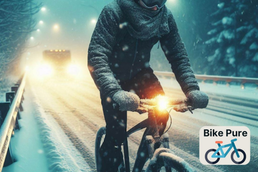 a man riding on a bike in a snowy street