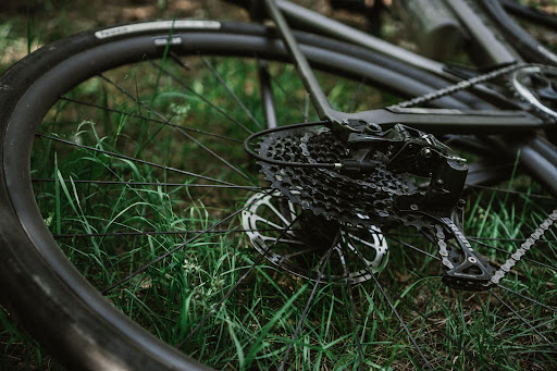 A close up shot of a bike wheel