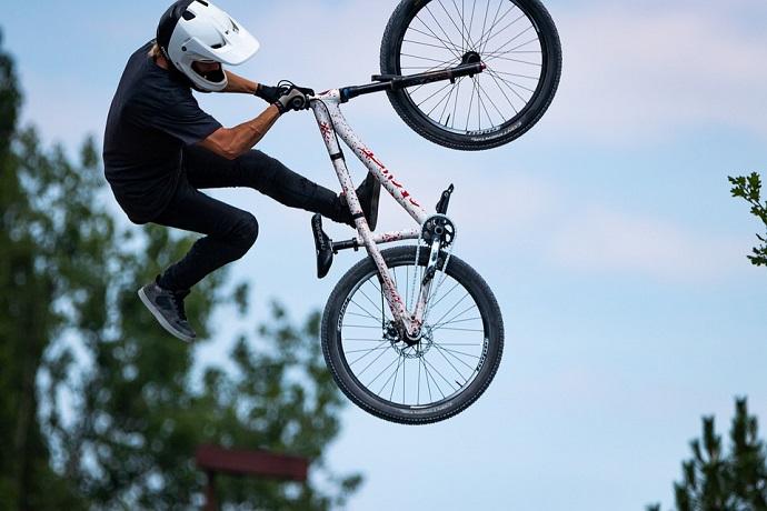 a person doing a trick on a bike in the air